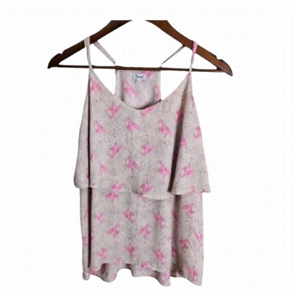 Kismet Tops - 4/$45 KISMET Pink Grey Unique Flamingo Print Sleeveless Ruffle Tank Top Medium